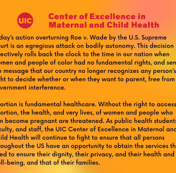 A graphic of the full statement with the Center of Excellence logo in red at the top and the statement in black font on top of a bright orange background 
