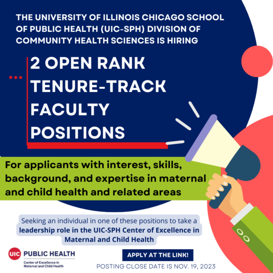 Flier in blue and red, with a hand holding a megaphone off to right side of image, promoting the UIC-SPH CHS MCH Faculty job openings