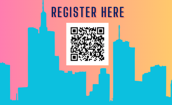 Register here in blue font and pink sky light blue skyline background with QR code
