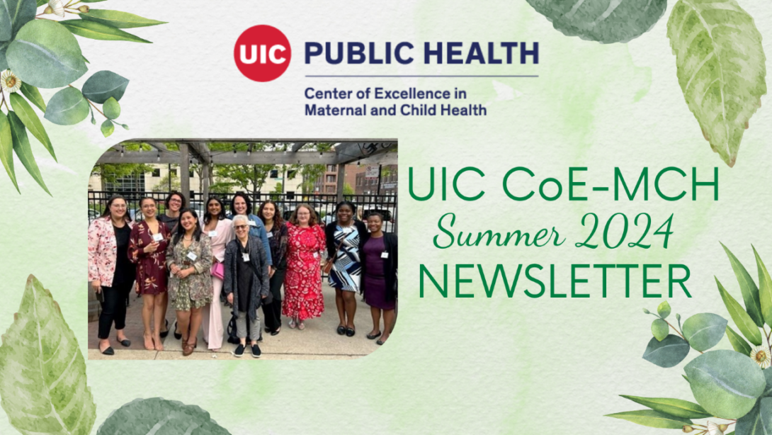 newsletter cover image with green background and leaf motifs, CoE-MCH logo, and picture of students and faculty in dressier attire outdoors at an event