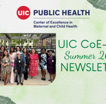 newsletter cover image with green background and leaf motifs, CoE-MCH logo, and picture of students and faculty in dressier attire outdoors at an event 